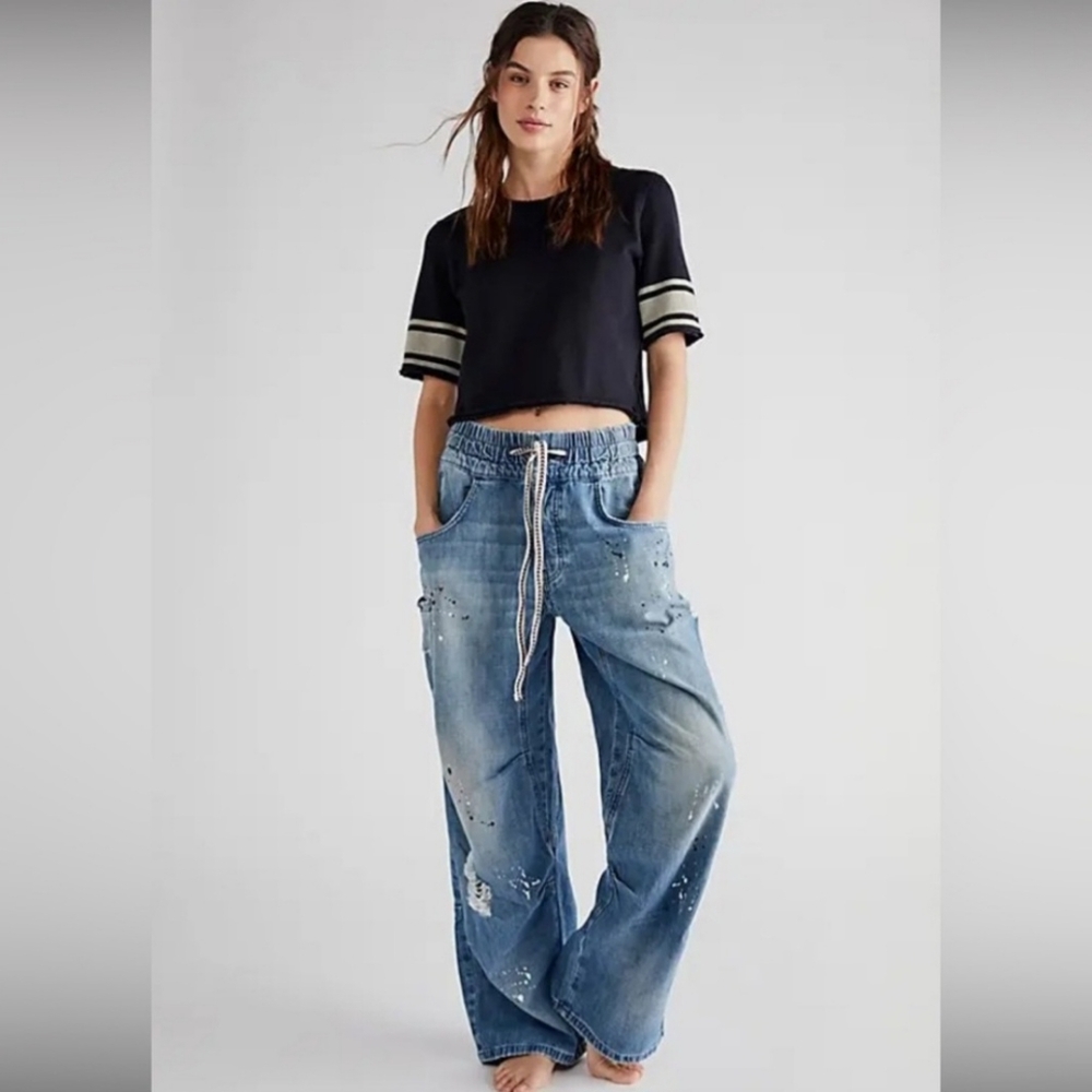 We the Free Modern Love Paint Spatter Distressed Wide Leg Jeans Free People
